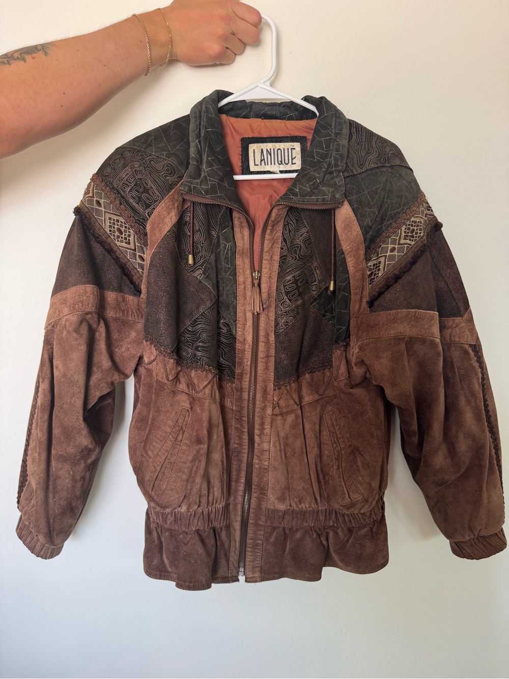 Vintage 80s Lanique women brown leather patchwork bomber jacket small